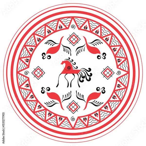 Fototapeta Vector red horse drawn in mezensky style. Mezen painting. Illustration of red horse in geometric art style in round ornament on white background