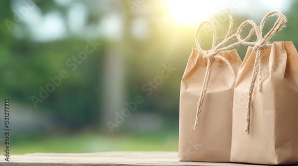 Fototapeta Two eco-friendly paper bags tied with twine, resting on a wooden surface with sunlight filtering through a lush green background.
