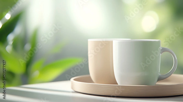 Fototapeta Two elegant cups on a wooden tray, surrounded by lush greens, perfect for a refreshing beverage in a serene setting.