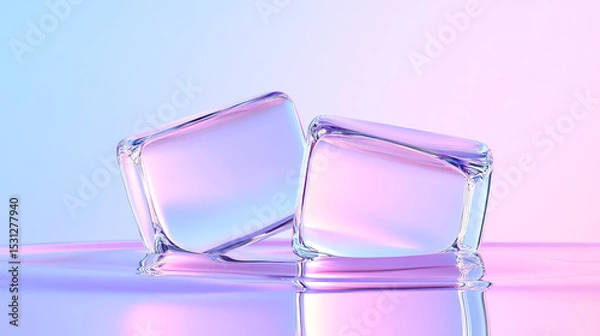 Fototapeta Two ice cubes with a glossy finish reflect colorful light, creating a vibrant and refreshing atmosphere.
