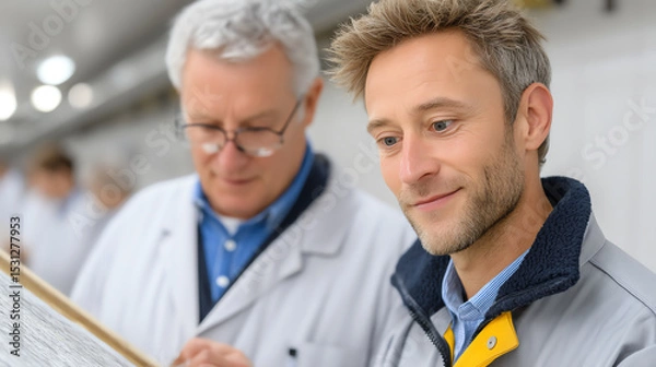 Fototapeta Two professionals collaborate over a document, showcasing teamwork and innovation in a modern work environment.