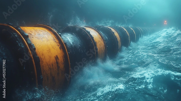 Fototapeta Underwater view of large industrial pipes submerged in turbulent waves, highlighting the interaction of technology and nature.