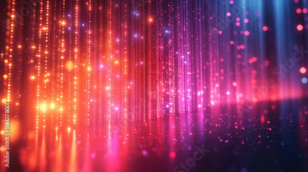Fototapeta Vibrant abstract pattern with colorful light streaks and glowing particles creating an energetic visual effect.