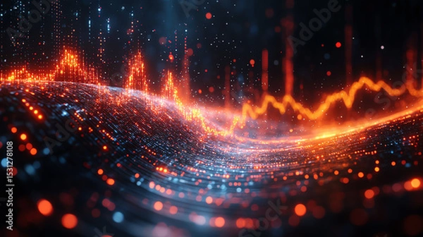 Fototapeta Vibrant digital wave representation with glowing elements in motion, showcasing the beauty of technology and data visualization.