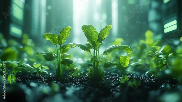 Fototapeta Vibrant green plants thrive in a futuristic environment, showcasing growth amidst a high-tech landscape.