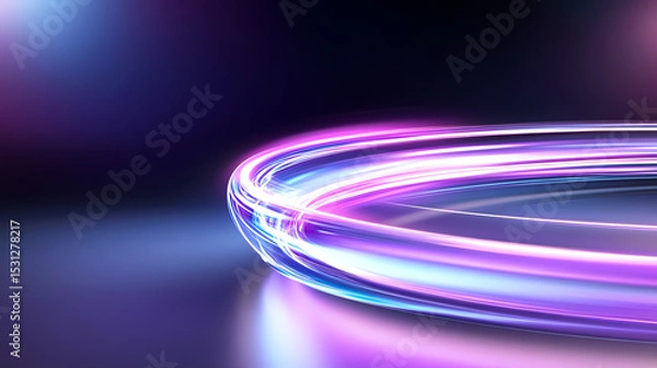 Fototapeta Vibrant light trails swirl on a dark background, creating an abstract visual representing speed and innovation in modern design.