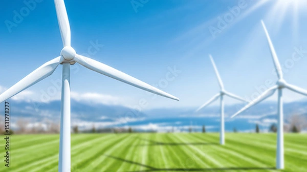 Fototapeta Wind turbines stand tall in a lush green field under a clear blue sky, symbolizing renewable energy and sustainability.