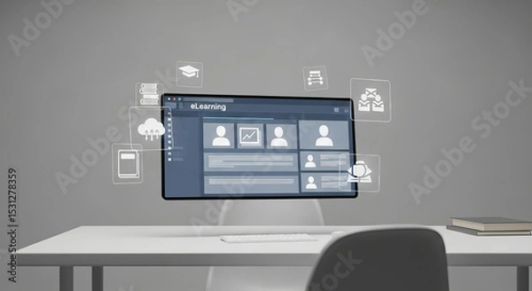 Obraz Minimalist digital eLearning dashboard floating mid-air above a desk, surrounded by holographic academic icons such as books, cloud storage, and user profiles, education concept