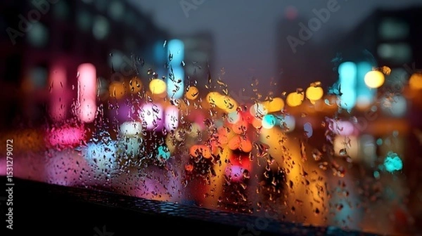 Obraz Blurred city lights flickering through rain-soaked windows, capturing the essence of a rainy night in the city.