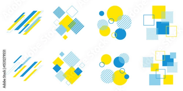 Fototapeta 幾何学　あしらい　メンフィス　水色　黄色　爽やか　セット　ベクター