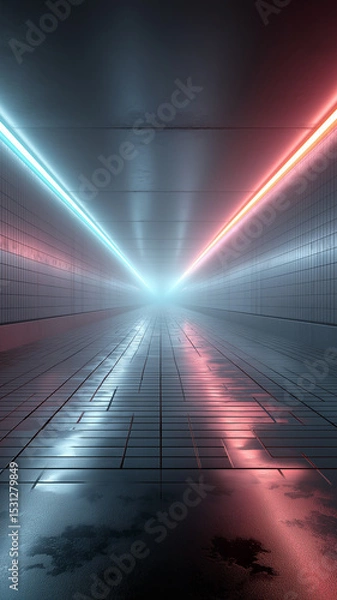 Obraz A neon tunnel glows with red and blue light, reflecting on the wet floor ahead Generative AI