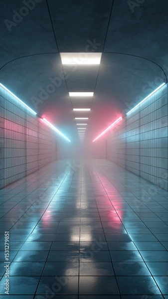 Obraz Neon lights pulse in a tunnel, lighting up the reflective wet floors in a hazy glow Generative AI