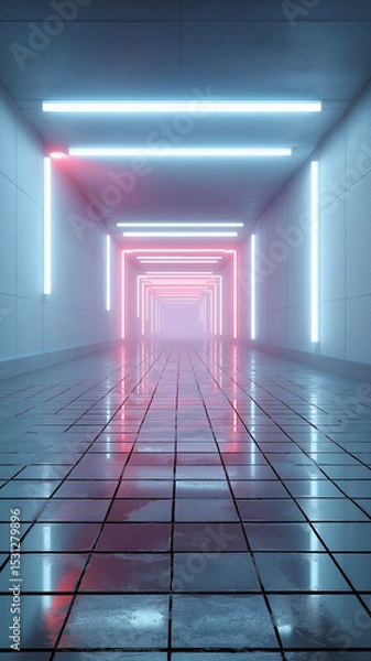 Fototapeta A neon-lit tunnel shines on a wet floor, creating a captivating atmosphere for explorers Generative AI