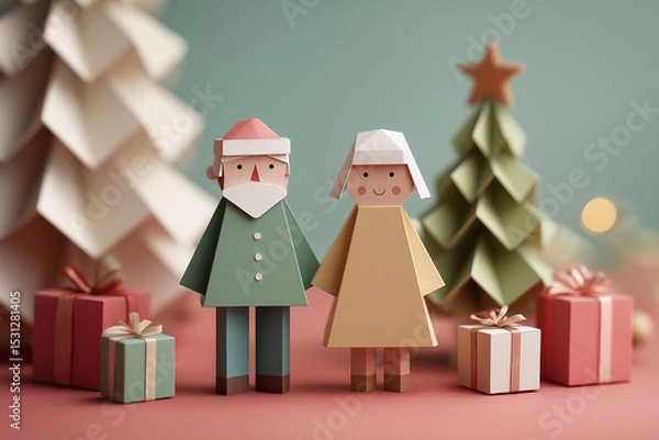 Obraz A couple of charming paper figures stand together surrounded by gifts in a cozy holiday setting Generative AI