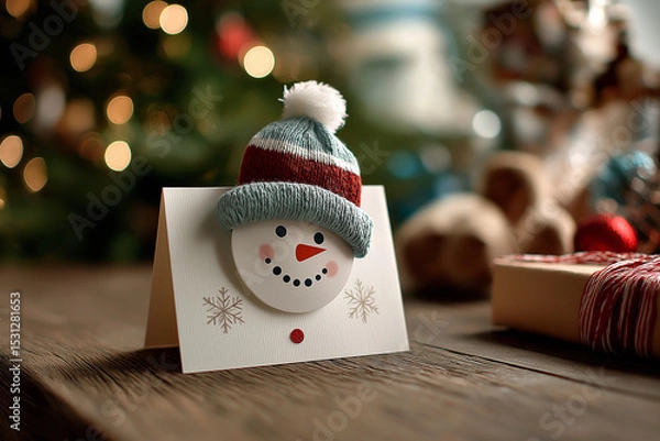 Obraz A charming Christmas card features a snowman in a knitted hat, spreading holiday cheer Generative AI