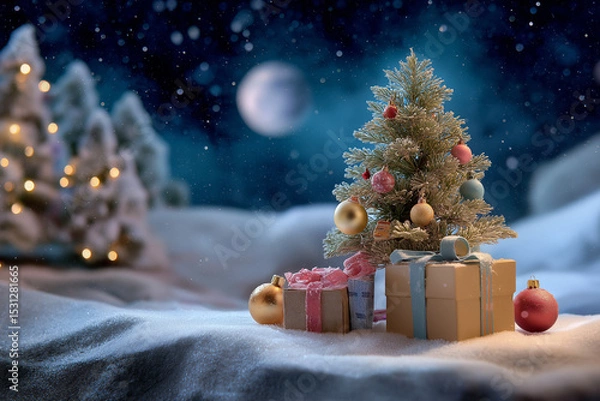 Obraz A beautifully decorated Christmas tree stands in a snowy landscape, adorned with gifts Generative AI