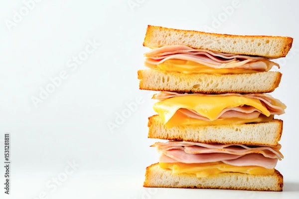 Obraz Stack of grilled ham and melted cheese sandwiches on white bread against a plain white background
