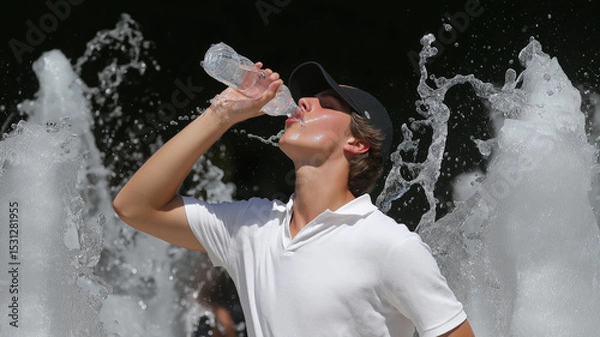 Obraz A young individual enjoys a refreshing drink from a water bottle, standing by a lively fountain Generative AI