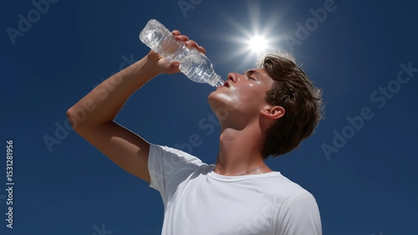 Obraz A young man refreshes with water under the blazing sun, savoring the moment Generative AI