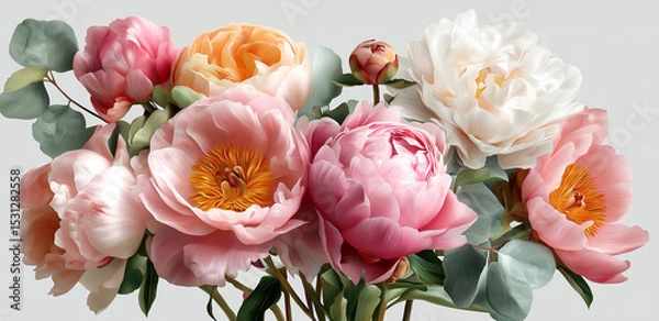 Obraz A lovely peony arrangement in soft hues, enhanced by lush green leaves for a serene vibe Generative AI