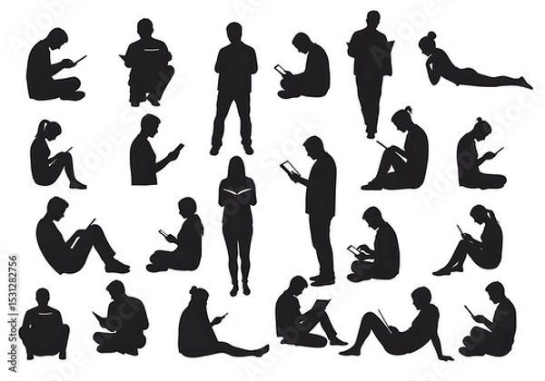 Fototapeta Silhouettes of people reading books and using digital tablets isolated on white