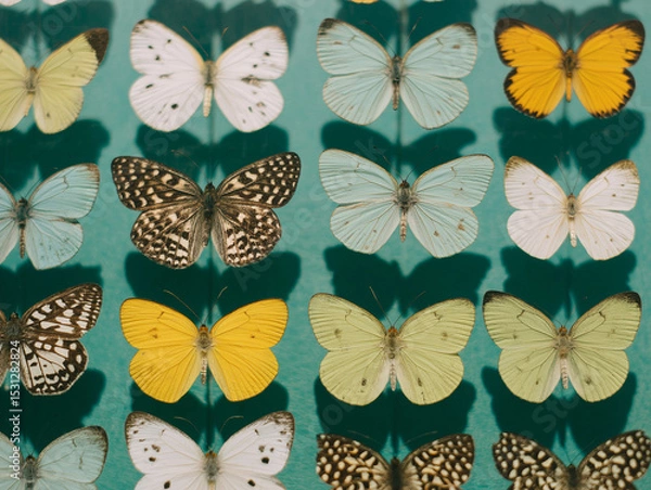 Fototapeta Pinned butterflies display vivid colors and intricate patterns, showcasing nature's artistry Generative AI