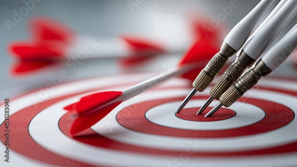 Obraz Three arrows hit the center of a bright target in an exciting competition, showing precision Generative AI