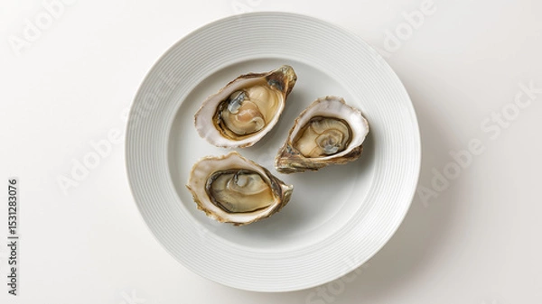 Obraz Three fresh oysters sit elegantly on a plate, ready for tasting at a seafood feast Generative AI