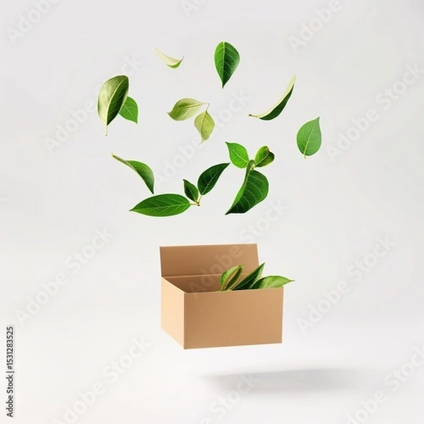 Fototapeta Fresh leaves floating out of a cardboard box against a white backdrop.