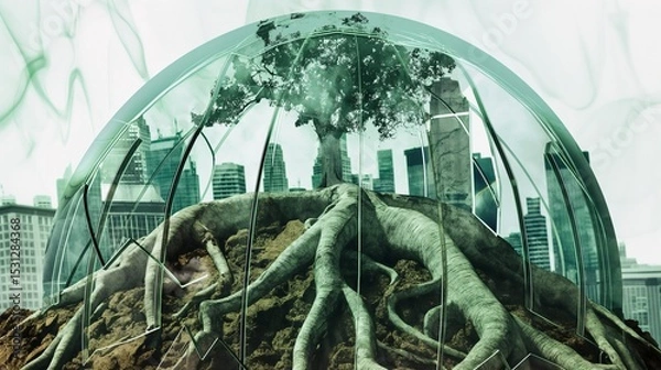 Fototapeta Nature Under Glass: Tree thriving against an urban skyline backdrop.