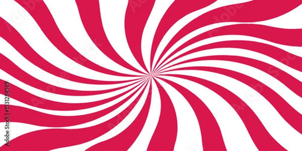 Fototapeta Abstract vivid spiral pattern featuring alternating red and white wavy radial lines.Swirling lines twist outward with curvature with motion. red nougat dessert wallpaper for template, banner.