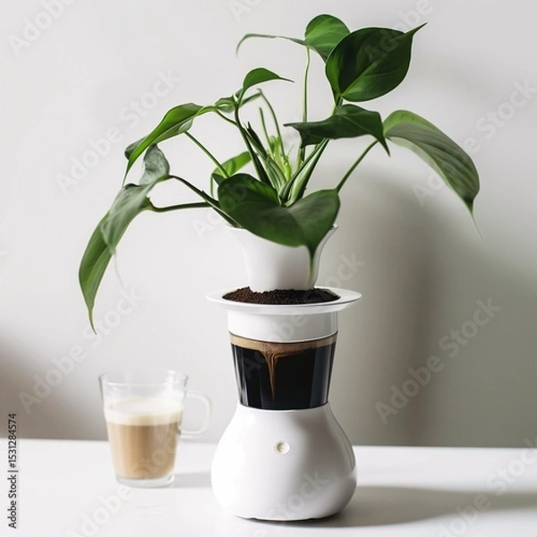 Fototapeta Plant atop unique coffee maker with beverage on a bright white table.
