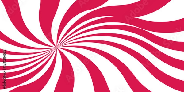 Fototapeta Abstract vivid spiral pattern featuring alternating red and white wavy radial lines.Swirling lines twist outward with curvature with motion. red nougat dessert wallpaper for template, banner.