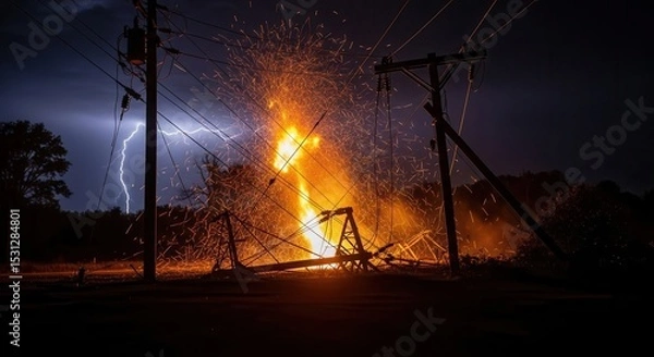 Obraz Power line explosion dramatic night storm