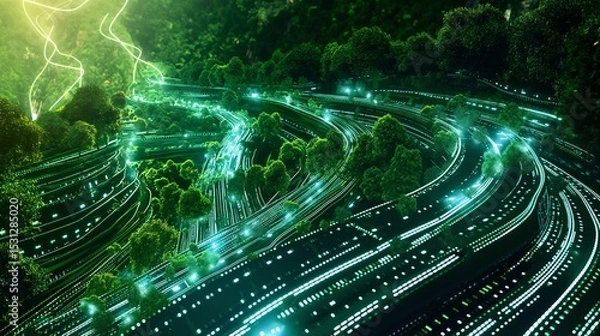 Fototapeta Future highway merging nature and technology into scenic roadways.