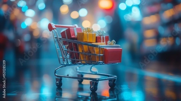 Fototapeta Mini shopping cart with gift boxes on smartphone Digital payment tech