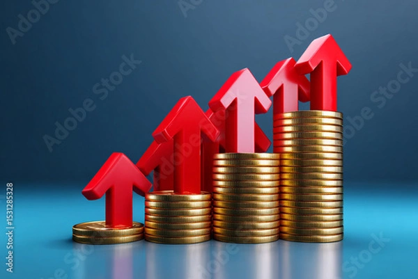 Obraz Financial Growth Concept with Red Arrows and Gold Coin Stack