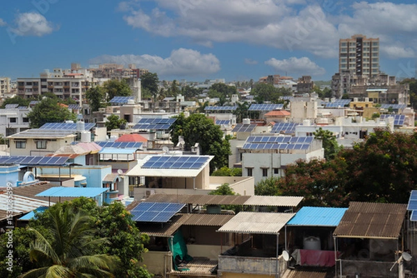 Fototapeta city view of Solar panel system on the terrace. Domestic use of Solar panel Electricity system System
