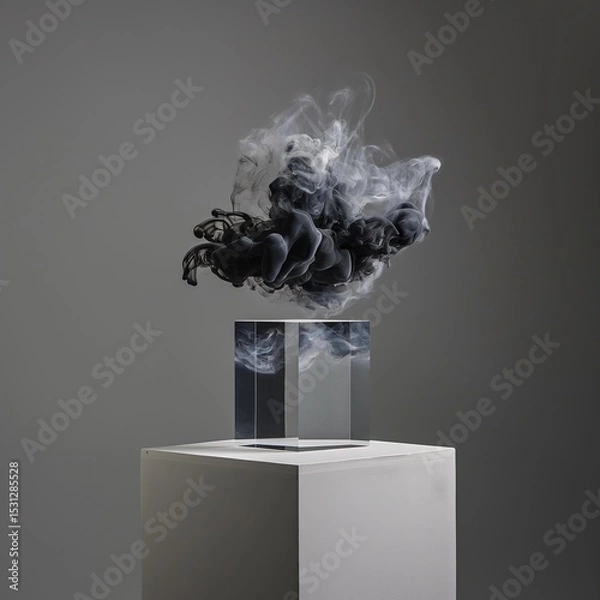 Fototapeta Smoke Sculpture: Ethereal ink suspended above a glass cube on a pedestal