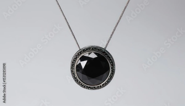 Obraz Elegant black gemstone pendant necklace with ornate silver setting, hanging against a plain white background.