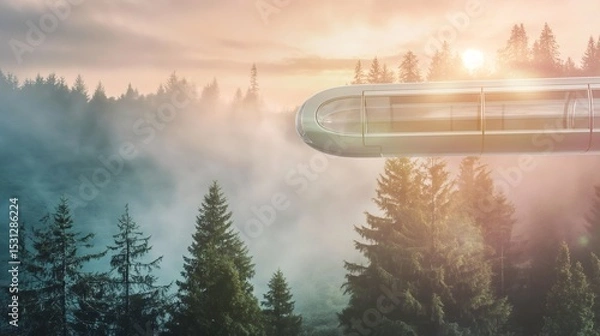Fototapeta Futuristic vehicle glides above a misty forest at sunset.