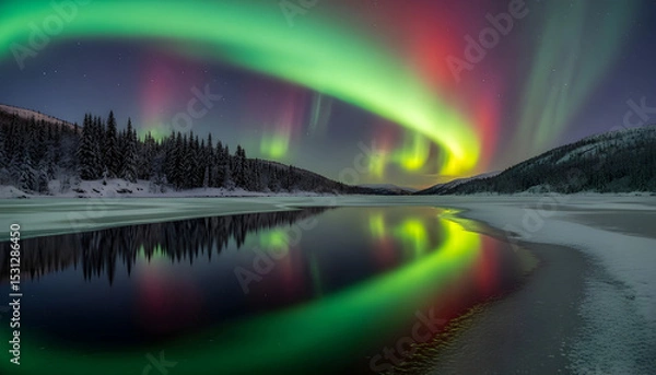 Fototapeta Spectacular aurora borealis over a frozen lake with snowy pine forests and towering mountains under a star-filled sky