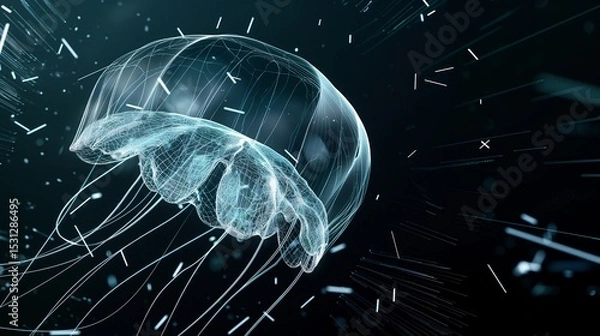 Fototapeta Geometric jellyfish floats in the digital void. Bioluminescence