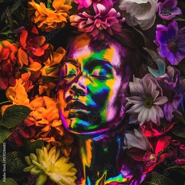 Fototapeta Luminous face surrounded by vibrant blooms of beauty and relaxation.
