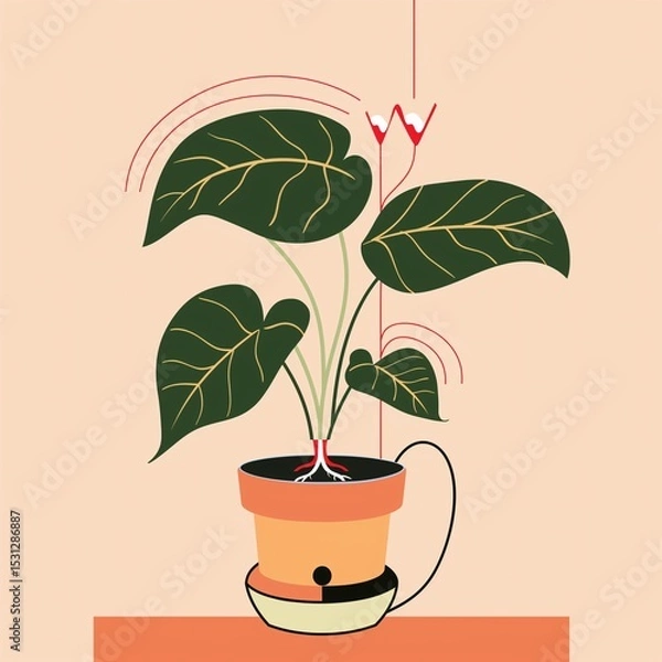 Fototapeta Potted plant with oversized leaves gets automated watering assistance.
