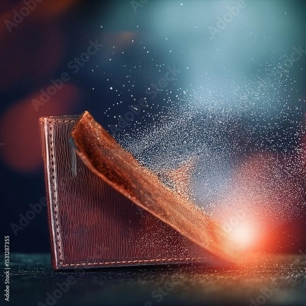 Fototapeta Elegant leather wallet shown in a dark setting with bright light effects.