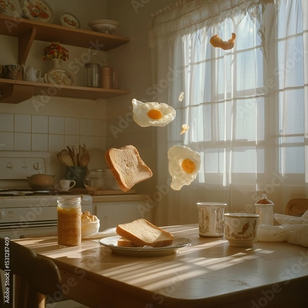 Fototapeta Floating breakfast: eggs and toast levitating in a sunlit vintage kitchen.