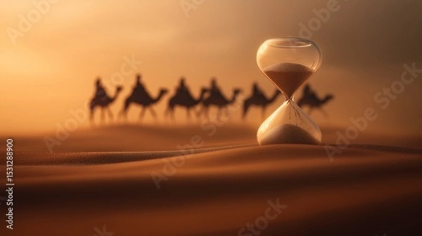 Fototapeta Hourglass and caravan in desert, time slipping away in shifting sands