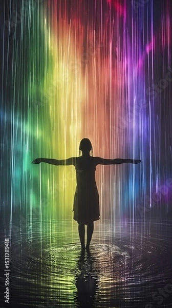 Fototapeta Silhouette in Rainbow Rain: Embracing Colorful Waters, Freedom, Serenity