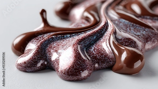 Obraz Close-up of silky melted chocolate, glistening with a glossy sheen as it slowly pools on a pristine white surface, inviting indulgence.